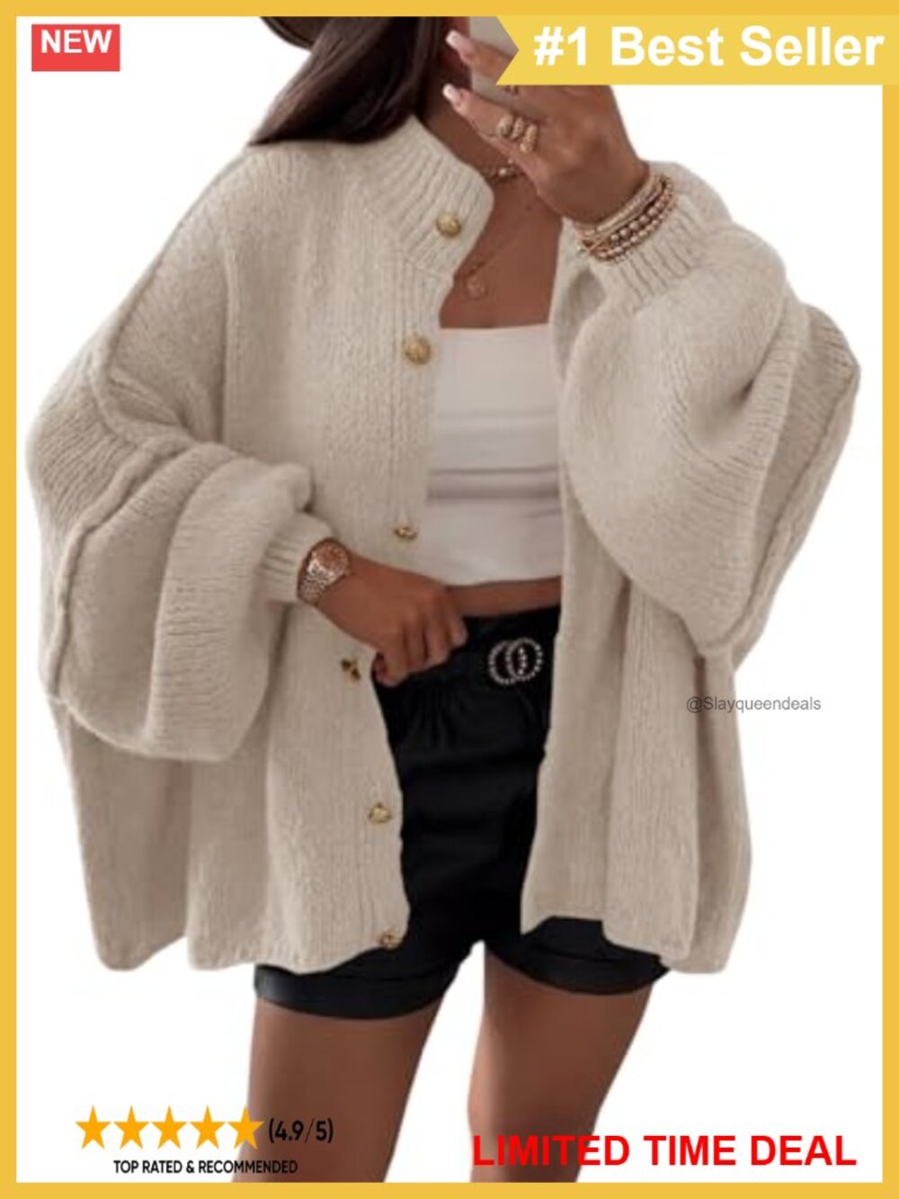 Oversized Chunky Knit Button Down Lantern Sleeve Cardigan Sweater Coat